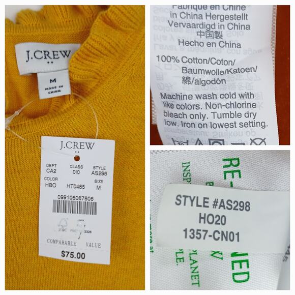 J.Crew Women's SZ M Cotton Ruffleneck Sweater Yellow AS298 NWT - Picture 6 of 6